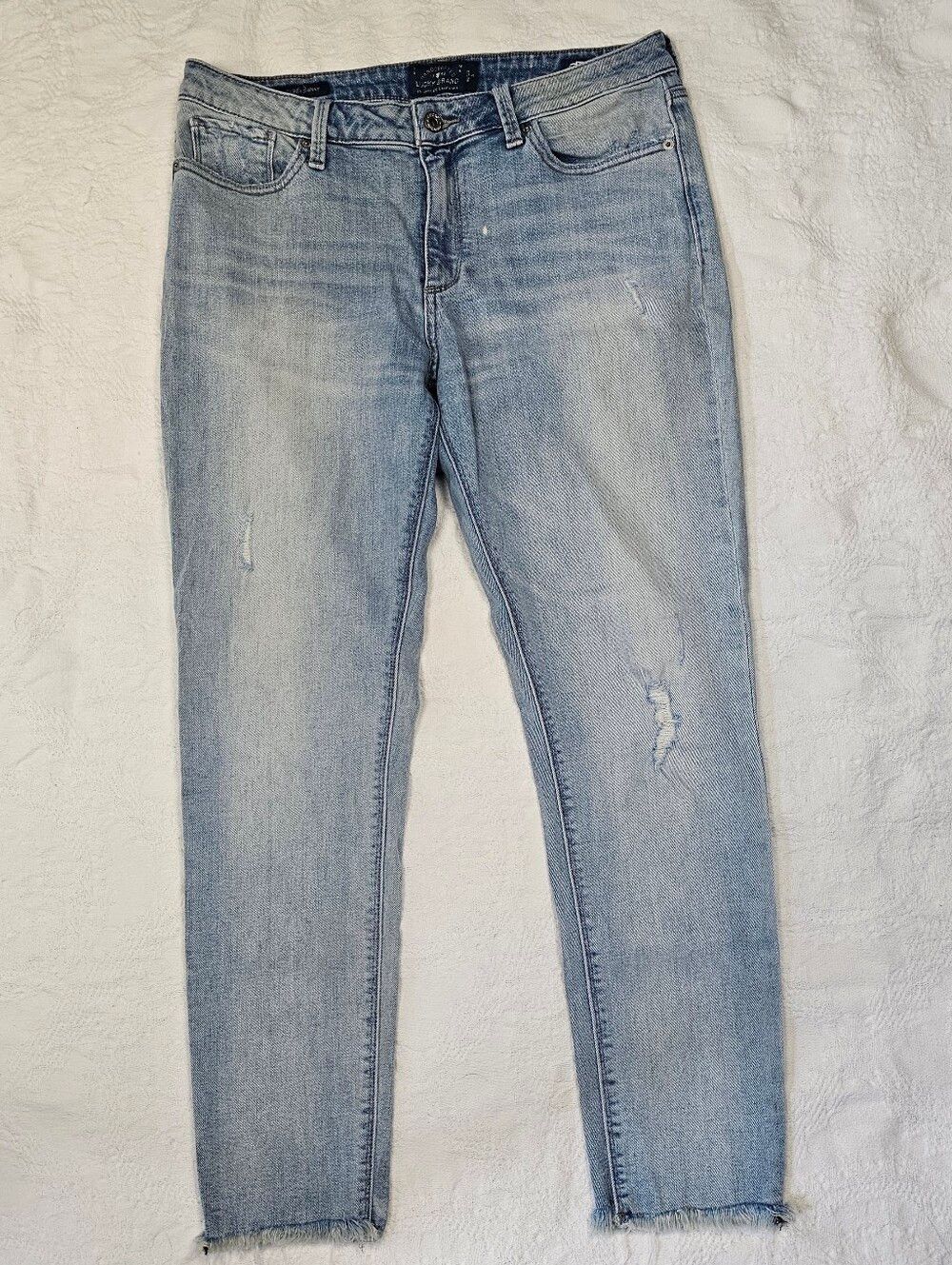 Lucky Brand Sasha Super Skinny Jeans 16/33 Light Wash Distressed Raw Hem Stretch